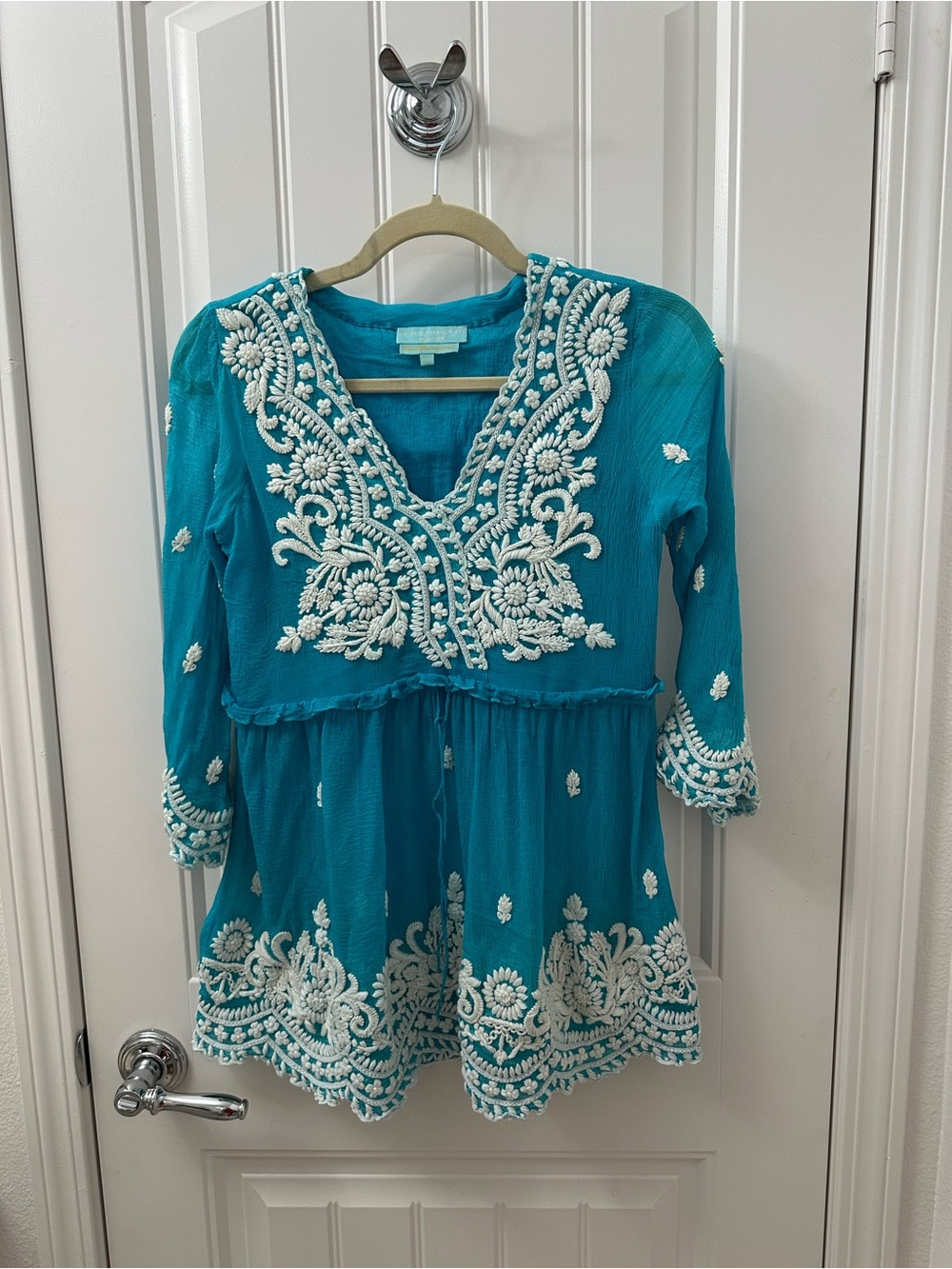 Teal Embroidered V-Neck Women’s Tunic Blouse